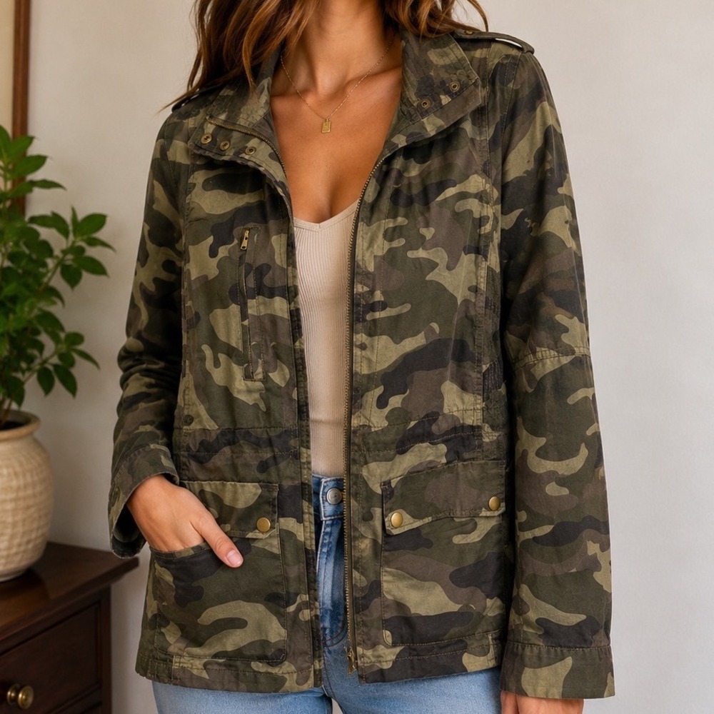 Love Tree Camo Utility Jacket M/L Military Cargo Safari Cotton Coat Y2K Gorpcore